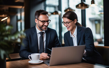 Wall Mural - two successful businessman and woman discussing some project, talking over document, sitting in the 