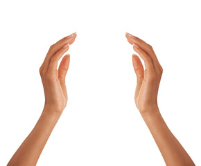 Poster - Hands, skincare closeup and beauty, manicure and isolated on a white studio background mockup. Fingers, spa and model with nails, cosmetics or healthy treatment, dermatology or wellness on copy space