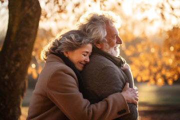 Wall Mural - Senior couple enjoying life together hugging in an autumn park, happy lifestyle retirement together smiling love hugging and smiling in park