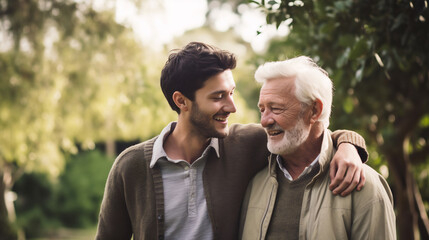 Wall Mural - Senior father spending time with his adult son walking in the park. A man hugs his elderly father, relaxation and lifestyle after retirement concept