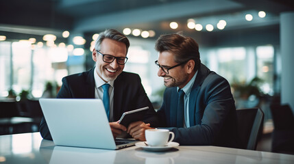 Wall Mural - two successful businessman discussing some project, talking over document, sitting in the office.