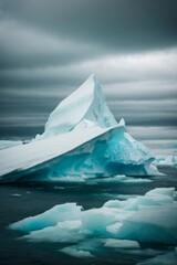 Poster - A beautiful ice iceberg on a blue ocean against a blue sky with clouds.