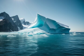 Poster - A beautiful icy iceberg on the blue ocean against the background of mountains.