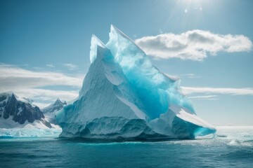 Poster - A large beautiful ice iceberg on the blue ocean against the background of mountains.