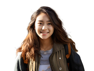 Wall Mural - cheerful asian female student with backpack and workbooks standing near college building, looking at camera and smiling	