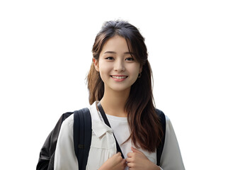 Wall Mural - cheerful asian female student with backpack and workbooks standing near college building, looking at camera and smiling	