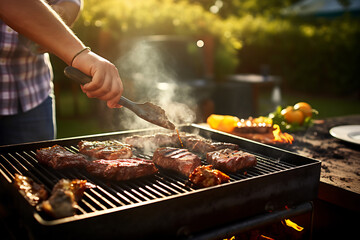 close up of man grilling barbecue outdoor in the backyard, summer family picnic, food on the nature.