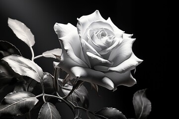 Wall Mural -  a black and white photo of a white rose on a branch with leaves on the stem and a dark background.