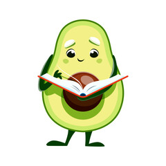 Cartoon avocado character with book. Raw tropical fruit, fresh avocado kid comical vector personage or mascot reading a novel book, getting education or learning literature lesson