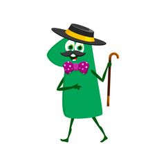 Aufkleber - Cartoon funny man number one character. Isolated vector charming digit 1 gentleman personage exudes confidence and positivity with its dapper hat, bow tie and walking cane, endearing personality