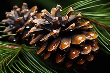 A Close Up Of A Pine Cone On A Branch Of A Tree With Water Droplets On The Pinecone.