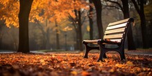 Welcoming Wooden Bench In A Park With Autumn Leaves.