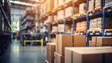 Fototapeta  - fulfillment center: warehouse with goods on shelves, cartons, pallets, and forklifts in motion - logistics and transportation concept