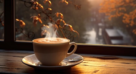 Poster - a cup of coffee on a window sill with light flowing in