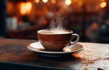 Sticker - a cup of coffee with steam on a surface with some tables