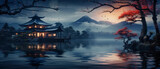 Fototapeta Na sufit - Japanese Landscape Illustration with Shinto Shrine in a Misty Lake Wallpaper Cover Panorama Poster Banner Background Backdrop Digital Art Japan-Art