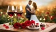 Czerwone róże, kieliszki z czerwonym winem i czekoladki w kształcie serc na drewnianym stole. W tle widać obejmującą się parę. Walentynkowe tło