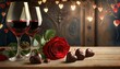 Red wine, red roses and heart-shaped chocolates. Valentine's Day or wedding background. Theme of falling in love, first date

