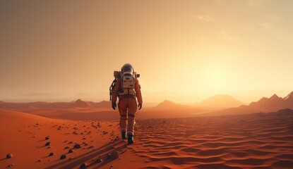 Wall Mural - an astronaut walking along the desert floor and planet