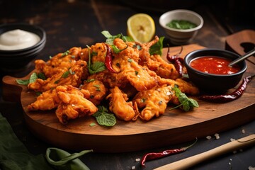 Wall Mural - Chicken Pakora dish with sweet chilli sauce on rustic stone board