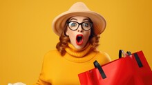 Surprised Young Woman In Hat And Glasses Standing Opening Shopping Bags Isolated Over A Yellow Background,