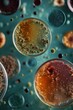 © liliyabatyrova - Top view of petri dishes with various samples of microorganisms, bacteria, microbes, viruses on a glass background.