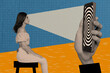 © deagreez - Horizontal surreal magazine collage of young female look at giant hand hold phone addicted social media news fakes on creative background