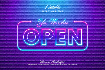Poster - Neon sign vector graphic style on brick textured background. Editable vector 3D text effect.