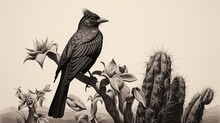 Black Bird Sitting On Cactus Plant