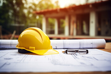 yellow hard hat safty helmet and blueprint on a desk at construction site, engineering and construct