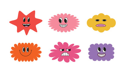 Poster - Vector cartoon faces, abstract design mascots - y2k stickers and badges, happy, angry expressions, sticker and icons with different face expressions