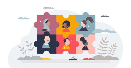 Diversity in hiring and various social groups inclusion tiny person concept, transparent background. Professional business with connected multicultural colleagues illustration.