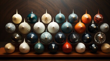Wall Mural - A collection of polished spheres adorning an indoor shelf, each one a unique piece of art and ornament, inviting us to ponder their perfect symmetry and the mysteries they hold within