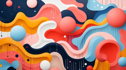 Wall Mural - A vibrant and playful abstract painting featuring whimsical cartoon characters in a kaleidoscope of circles and lines, evoking a sense of joy and creativity through its unique art style