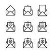  Mail envelope icon set. Closed envelope, open with a letter, with a check mark and email.