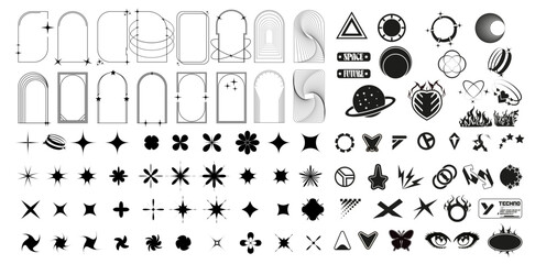 Extensive Collection of Vector Icons and Shapes for Futuristic and Space-Themed Designs. 90s graphic. Sketch stars. Bubble heart. Vintage shine lines. Geometric sparkling icons. Vector illustration