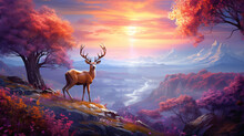 Fantastic Landscape Lone Deer Fantasy Style. Dream