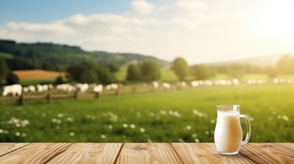 empty table table top with blur background of dairy cow farm, Advertisement, Print media, Illustration, Banner, for website, copy space, for word, template, presentation