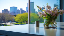 A Modern Countertop With A View Of The City Park In The Spring