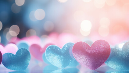 Blue and pink heart shapes, Valentines day background. Be my valentine theme. valentine celebration concept greeting card hearts on string with gold defused bokeh lights in the background