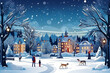 Winter city landscape with people and dogs. Vector illustration in cartoon style

