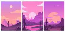 Set Of Desert Landscapes With Cacti, Cloud, Moon. Beautiful Scenery Vector Graphic For Travel Poster In Retro Style. For Poster, Card, Banner, Cloth Design Ideas. Sunset In Canyon. Hand Drawn.