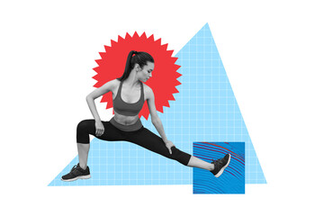 Sticker - Horizontal artwork composite photo collage of young sportswoman do warmup stretching legs prepare exercise in gym on creative background