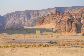 Maraya in AlUla, Saudi Arabia. Mirrored building in the middle of desert on Summer.