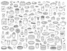 Set Of Doodle Food, Drink And Sweets Icons.