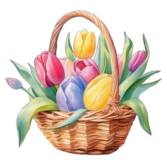 Wall Mural - Easter basket with tulips illustration, watercolor. Isolated on transparent background