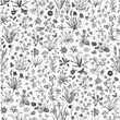 Millefleurs. Seamless pattern. Vintage vector botanical illustration. Black and white