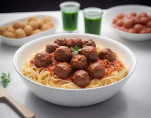 Wall Mural - A plate of pasta with meatballs on a white table. Generative AI