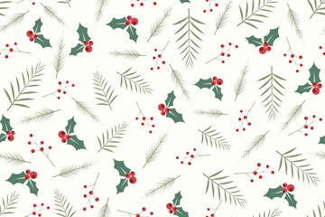  Christmas seamless pattern with fir branches, and berries for greeting cards, Christmas, designs, backgrounds, wallpaper, fabric, wrapping paper, etc.