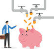 Having multiple sources of income for surviving the economic crisis, multiple careers trend concept. Businessman sitting on a piggy bank with many coins from pipes and using foot to push a falling dow